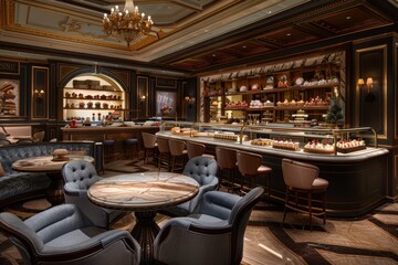 Elegant Dessert Lounge with Plush Seating and Marble Tables for High-End Dining