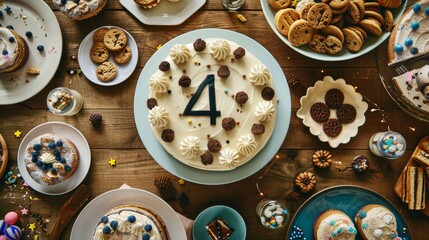 Obraz premium Vintage Themed 4th Birthday Party Table Spread: Rustic Homemade Cake, Cookies and Cream, Delicious Treats for Celebration and Design