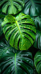 Obraz premium Green large leaves or leaf background with water drops vertical 