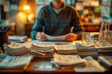 A man is sitting at a desk with a pile of papers in front of him