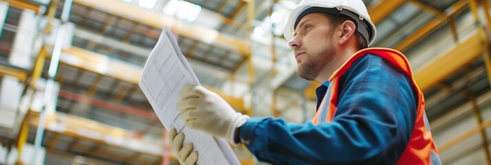 A construction worker in high-visibility clothing is attentively reviewing technical blueprints at a construction site
