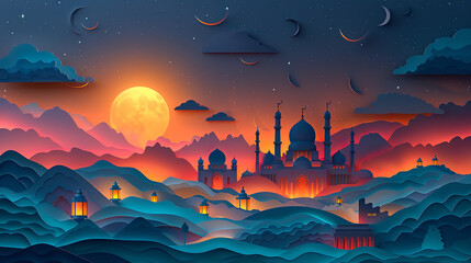 pictures of mosques, moons, domes and lanterns. Minimalistic illustrations