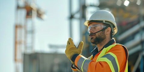 A construction foreman at a building site gives approval with a thumbs up, signaling progress and satisfaction
