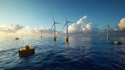 A large body of water with a number of wind turbines in the distance