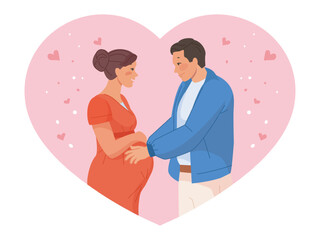 Pregnant woman with husband. Husband man and wife pregnancy expecting baby, love family married couple future daddy mommy, happy mother prenatal period vector illustration
