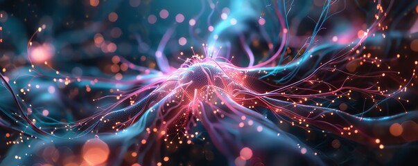 Neural network in electronic brain, futuristic, digital illustration, glowing