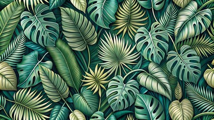 A background with a seamless pattern of tropical leaves and plants in muted green tones.