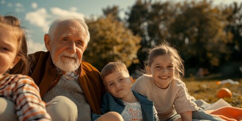 An elderly man enjoying a sunny day outdoors with his smiling grandchildren, representing family and generational bonding