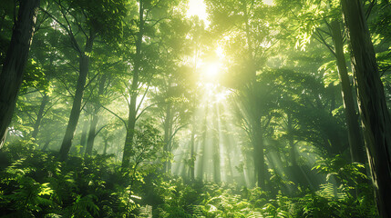 Fototapeta premium Dense forest with towering trees, sun rays filtering through leaves, vibrant greenery, 3D rendering, realistic textures, high resolution, immersive depth