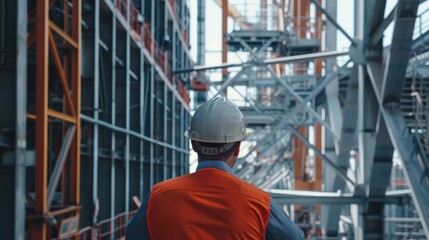 Construction worker wearing hard hat and safety vest at industrial building site