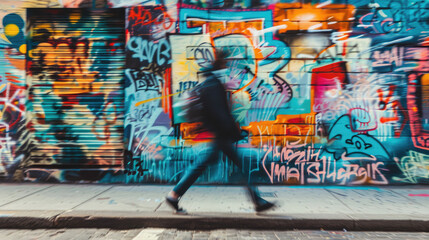 A vibrant street scene featuring colorful graffiti art on urban walls with a pedestrian in motion, blurring across the view.