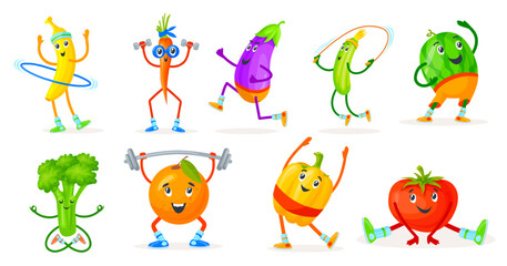 Vegetables fruits sport characters. Cartoon fruit yoga pose and vegetable doing fitness exercise, funny healthy food kid character veg mascot fit workout, neat vector illustration