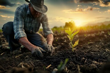 a sweaty male farmer planting a seedling on a heap of black dirt in the field of farm, morning hours
