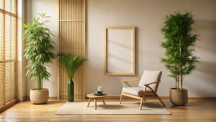 Zen Corner Frame Mockup – Bamboo Frame: A tranquil zen corner with a bamboo frame on a light beige wall, suitable for relaxing and meditative art presentations.
