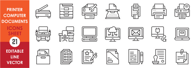 A set of line icons with printer, computer and documents. Vector icons with various types of printers, computer and laptops and printed files.