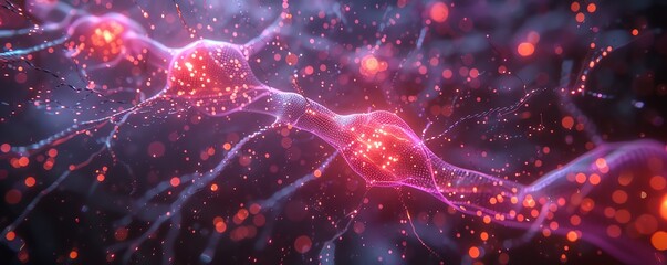 Quantum computing and neural circuits, digital art, cyber brain, neon lighting