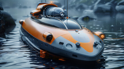 A small sea probe boat, industrial design, Orange and black match. Generative AI.