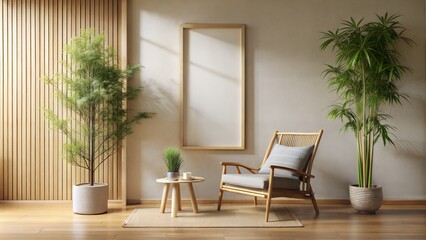 Zen Corner Frame Mockup – Bamboo Frame: A tranquil zen corner with a bamboo frame on a light beige wall, suitable for relaxing and meditative art presentations.
