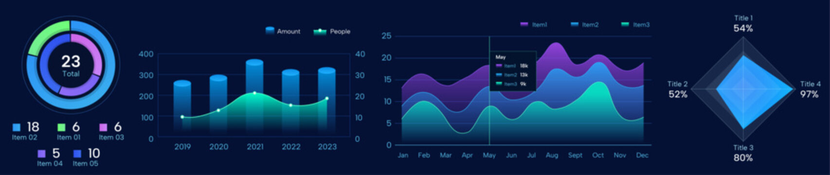 set of colorful dark cool pie chart, visual chart