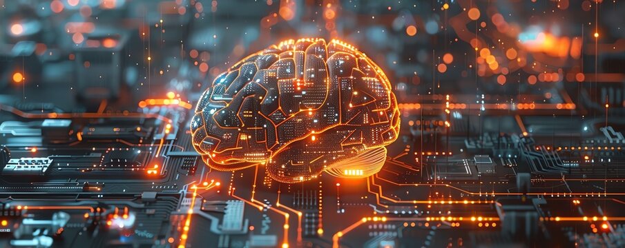 Quantum computing system with electronic brain, scifi, glowing, detailed