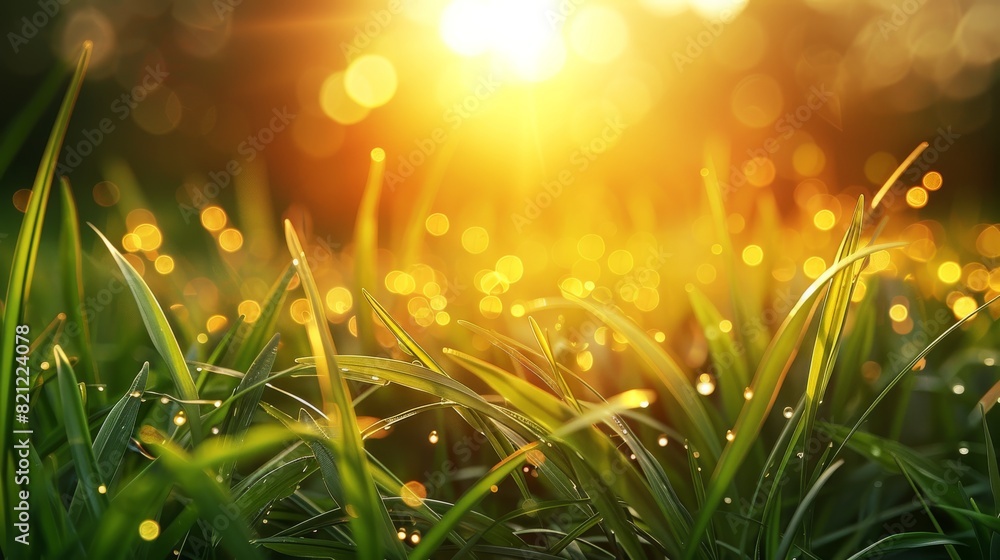 Poster A green grass blades at sunrise, with a golden sunlight bokeh effect in the background that creates a warm and inviting spring atmosphere. Generative AI.