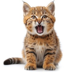 a small kitten sitting on the floor with its mouth open