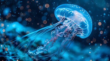 jellyfish, gracefully floating in the deep blue waters of the ocean. The jellyfish has a dome-shaped bell with delicate, long tentacles trailing beneath it