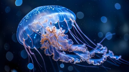 jellyfish, gracefully floating in the deep blue waters of the ocean. The jellyfish has a dome-shaped bell with delicate, long tentacles trailing beneath it