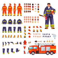 Firefighter creation. Fireman character constructor kit, fire fighter man puppet animation, animated firemen body uniform avatar