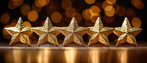 Golden five-star rating, symbolizing excellence and quality, with bokeh background. Ideal for reviews and feedback themes.