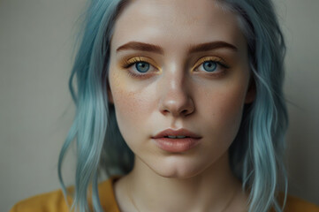 Naklejka premium Blue-eyed beauty with blue hair and rosy cheeks