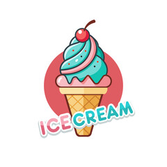 ce cream balls in the waffle cone with berry isolated on white background. Vector flat outline icon.