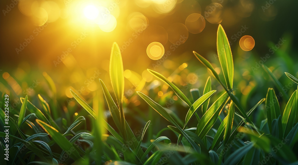 Poster A green grass blades at sunrise, with a golden sunlight bokeh effect in the background that creates a warm and inviting spring atmosphere. Generative AI.
