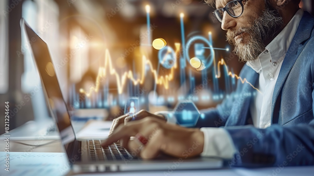 Poster analysis, growth, and development of business data. on a laptop, a businessman is working on a finan