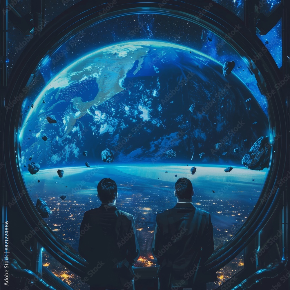 Poster billionaires looking at a devasted earth from the window of a spaceship