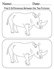 Rhino Puzzle. Printable Activity Page for Kids. Educational Resources for School for Kids. Kids Activity Worksheet. Find Differences Between 2 Shapes