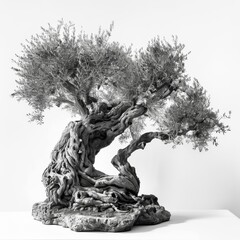 black and white photograph of a centenary olive tree on a white background
