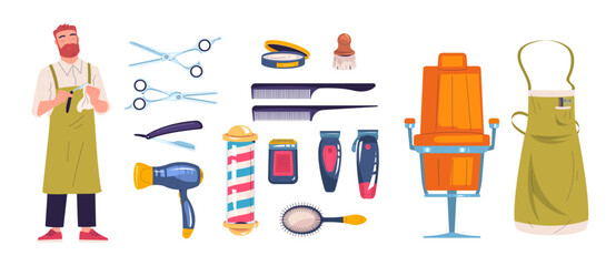 Cartoon barbershop accessories. Barber profession equipment flat icons, hairdresser professional instrument hair care tools scissors apron