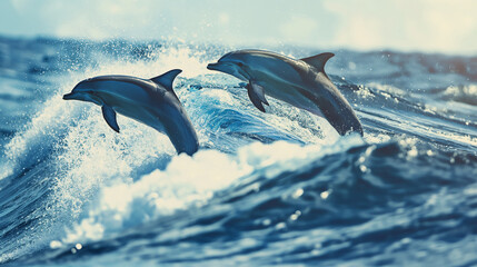 Playful Dolphins Leaping Through Ocean Waves in Natural Habitat