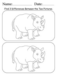 Rhino Puzzle. Printable Activity Page for Kids. Educational Resources for School for Kids. Kids Activity Worksheet. Find Differences Between 2 Shapes