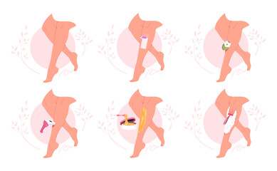 Legs hair removal. Girl clean leg smooth skin, depilation epilation technology step method razor shaving wax cream sugar epil laser skincare hairs remove classy vector illustration