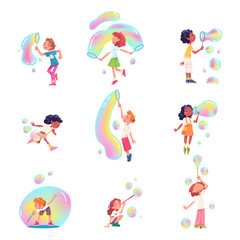 Kids play soap bubble. Child make blowing bubbles imitate balloon, little girl or boy playing outside activity children blow foam bottle, birthday party classy vector illustration