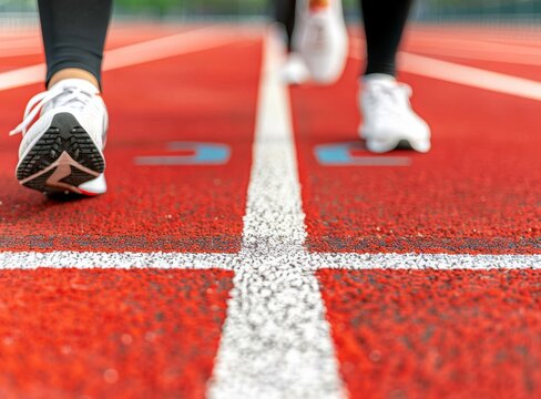 Young athlete's feet on a running track, ready at the start line, showcasing intense focus and competitive drive