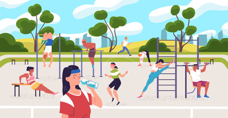 People workout street park. Outdoor wellness exercises in nature gym outside, athlete training fitness physical activity sportsman athletic exercise, classy vector illustration