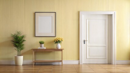 Entryway Frame Mockup – Minimalist Frame: A simple entryway with a minimalist frame on a pale yellow wall, suitable for welcoming and understated decor.
