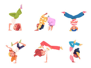 Children breakdance. Kids acrobatic hiphop dance, child breakdancer rapper b-boy cartoon character street freestyle aerobic dancing hip hop music concept classy vector illustration