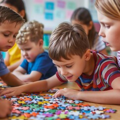 Fototapeta premium Classroom Collaboration: A Day with Puzzles play based interest creating 
