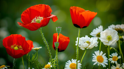 Obraz premium Red poppies and white daisies on a green blurred background. Environment concept.