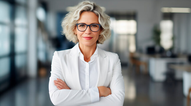 Happy middle aged business woman ceo standing in office arms crossed. Smiling mature confident professional executive manager, proud lawyer, businessman leader wearing white suit