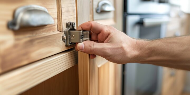 Close-up of a hand installing a metal cabinet catch on a wooden cupboard for safety and security
